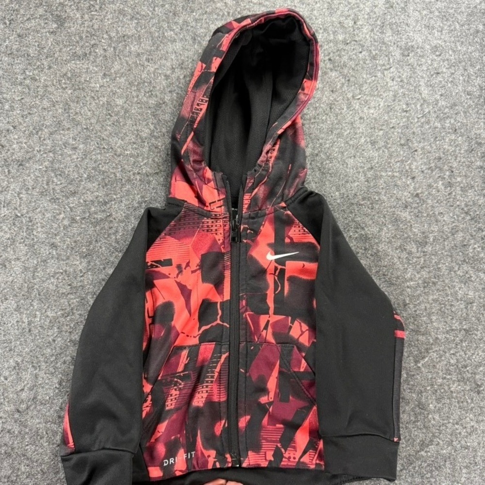 Nike Dri-FIT Kids' Full-Zip Hoodie Sweatshirt Black Red Graphic Size 12M